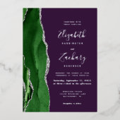 Modern Hunter Green Silver Agate Purple Wedding 箔招待状 (正面)