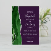 Modern Hunter Green Silver Agate Purple Wedding 箔招待状 (立ち正面)