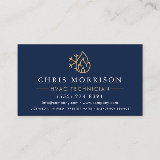 Modern HVAC Navy Blue Gold QR Code 名刺 (正面)