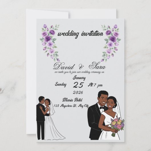 Modern Illustrated Black Couple Wedding Invitation 招待状 (正面)
