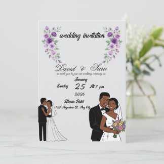 Modern Illustrated Black Couple Wedding Invitation 招待状