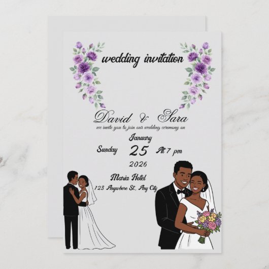 Modern Illustrated Black Couple Wedding Invitation 招待状 (正面/裏面)