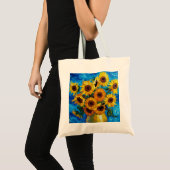 Modern Impasto Sunflowers Blue and Yellow Art  トートバッグ (正面(商品))