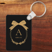 Modern Initial Black and Gold Chic Bow Monogram キーホルダー (裏面)