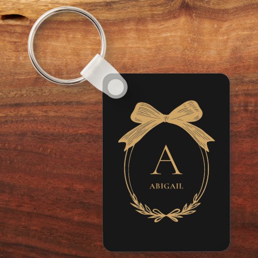 Modern Initial Black and Gold Chic Bow Monogram キーホルダー (正面)