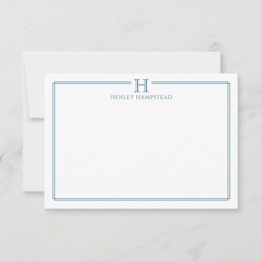 Modern Initial Patina Blue Border Stationery ノートカード (正面)
