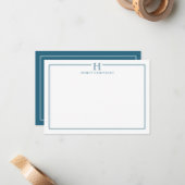 Modern Initial Patina Blue Border Stationery ノートカード (正面/裏面インサイチュ)