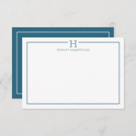 Modern Initial Patina Blue Border Stationery ノートカード (正面/裏面)