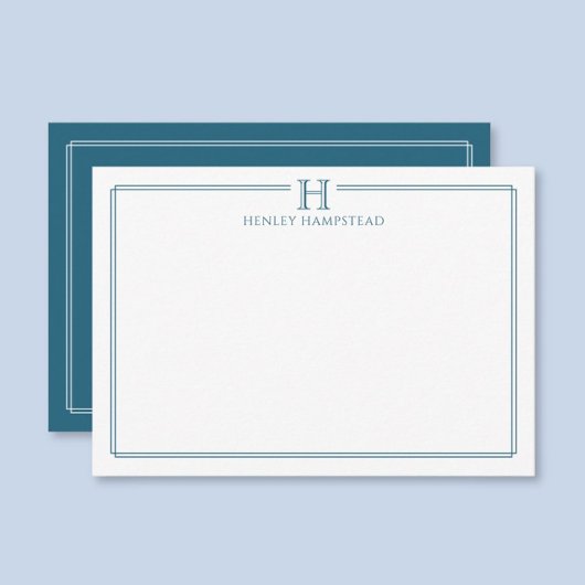 Modern Initial Patina Blue Border Stationery ノートカード