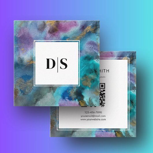 Modern Initial QRCode BlueTeal Watercolor Abstract スクエア名刺