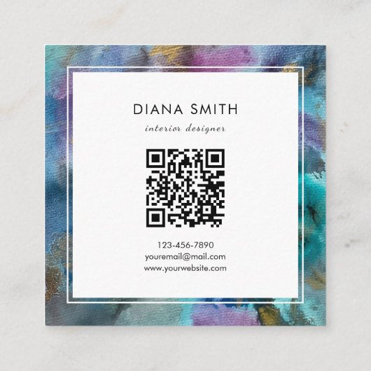 Modern Initial QRCode BlueTeal Watercolor Abstract スクエア名刺 (裏面)