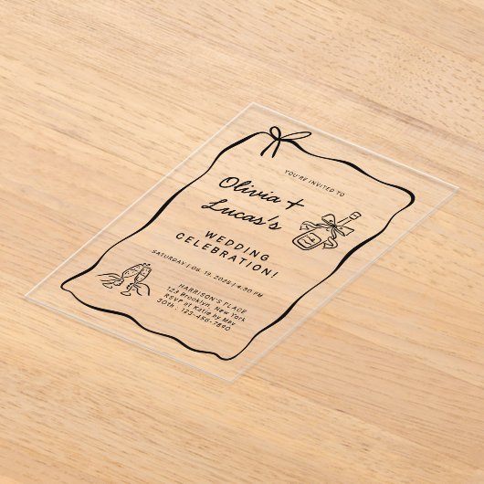 Modern Ivory & Black Hand-Drawn Wedding  アクリル招待状 (レイダウン)