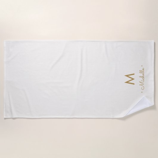 Modern Ivory Gold Script Monogram ビーチタオル (正面)
