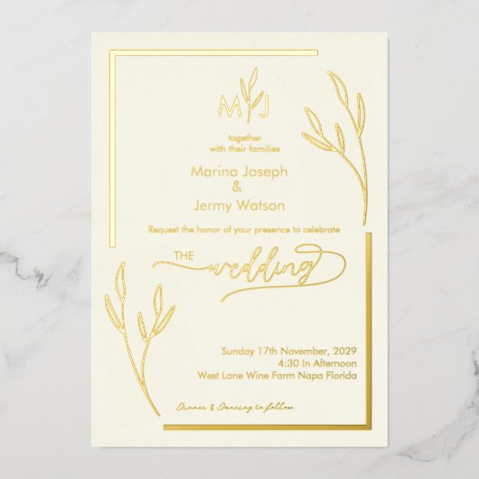 Modern Ivory Golden Leaflet Border Monogram 箔招待状 (正面)