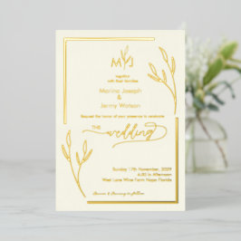 Modern Ivory Golden Leaflet Border Monogram 箔招待状