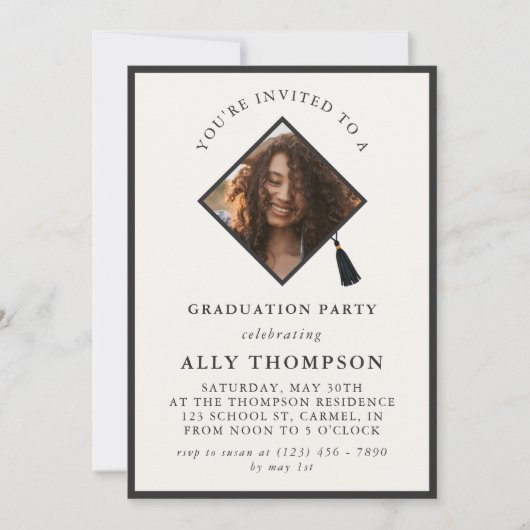 Modern Ivory Photo Frame Graduation Party 招待状 (正面)