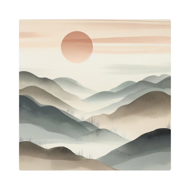 Modern Japandi Landscape in Neutral Tones メタルプリント (正面)