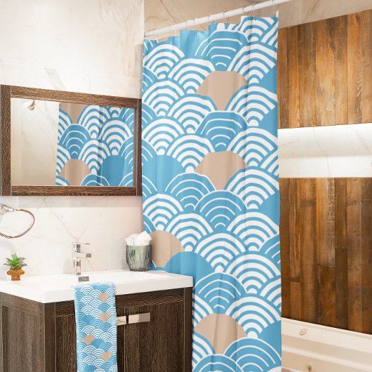 Modern Japanese Seigaiha Waves & Rising Sun シャワーカーテン
