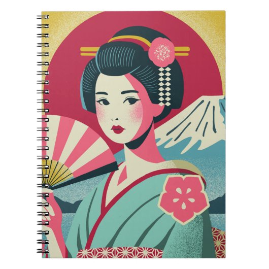 Modern Japanese Ukiyoe Style Kimono Geisha Girl ノートブック (正面)