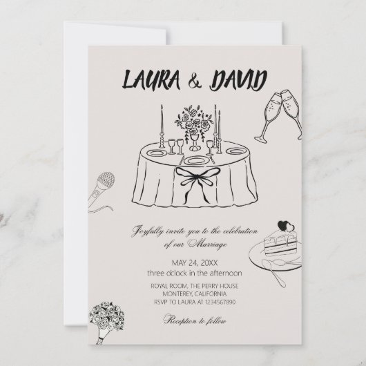 Modern Just Love Wedding Party-Minimalist Line Art 招待状 (裏面)