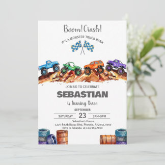 Modern Kids Monster Trucks Birthday Party 招待状