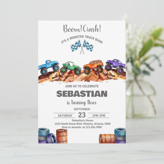 Modern Kids Monster Trucks Birthday Party 招待状 (スタンド正面)