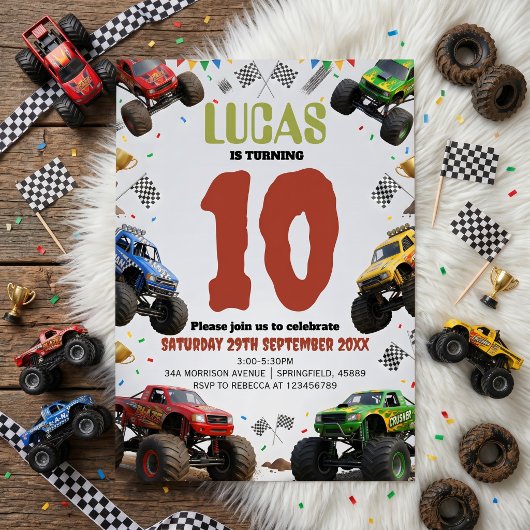 Modern Kids Monster Trucks Birthday Party 招待状