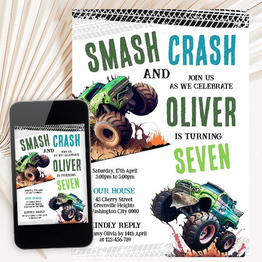 Modern Kids Monster Trucks Birthday Party 招待状