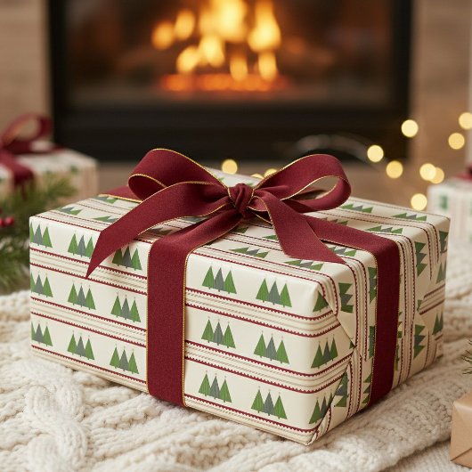 Modern Knit Christmas Trees Green and Red ラッピングペーパー