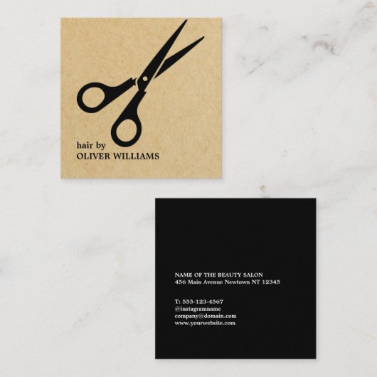 Modern Kraft Black Scissors Hair Stylist スクエア名刺 (正面/裏面)