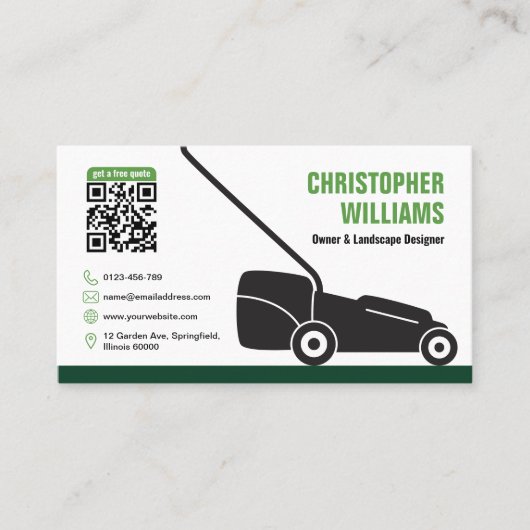 Modern Landscaping Lawn Mowing White Green QR Code 名刺 (正面)