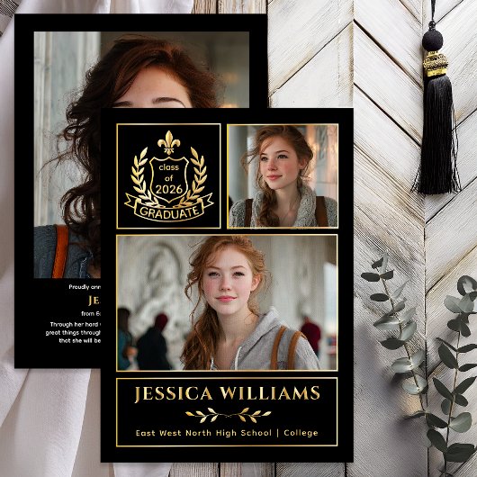 Modern Laurels 3 Photo Class of 2026 Graduation  箔招待状