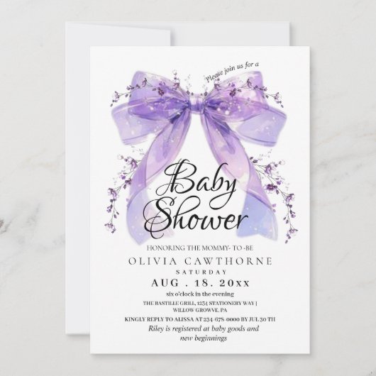 Modern Lavender Bow and Flowers Baby Shower 招待状 (正面)