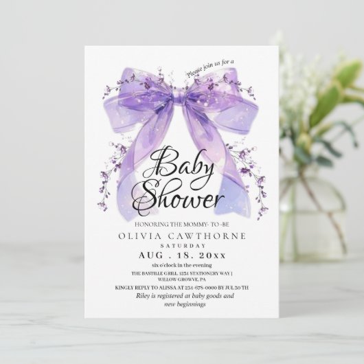 Modern Lavender Bow and Flowers Baby Shower 招待状 (スタンド正面)