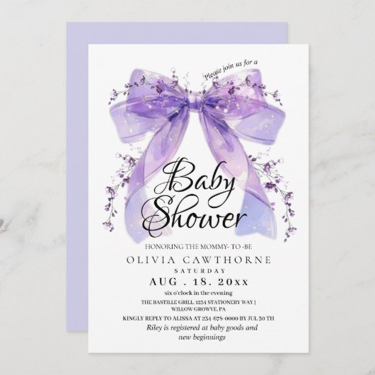 Modern Lavender Bow and Flowers Baby Shower 招待状 (正面/裏面)
