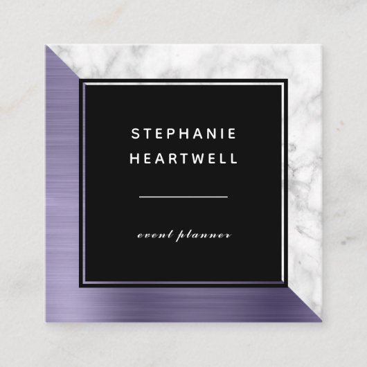 Modern Lavender Brushed Metal White Marble Black スクエア名刺 (正面)