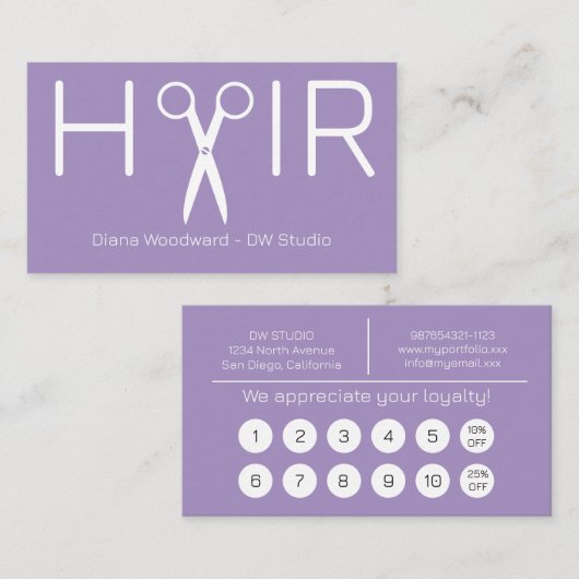 Modern Lavender Hairdresser Flat Loyalty Card ロイヤリティカード (正面/裏面)