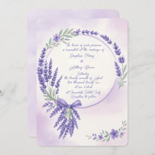 Modern Lavender Typography Wreath Wedding Invite 招待状 (正面/裏面)