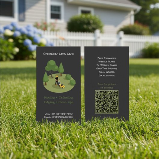 Modern Lawn Mowing Service Business Card with QR  名刺