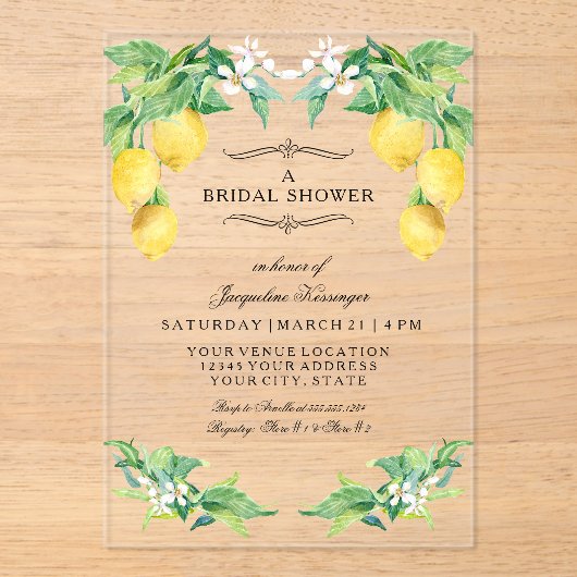 Modern Lemon Elegant Floral Blue Bridal Shower アクリル招待状 (正面)