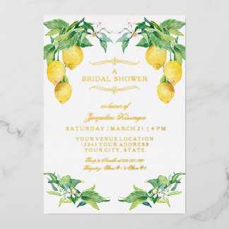 Modern Lemon Elegant Floral Gold Bridal Shower 箔招待状