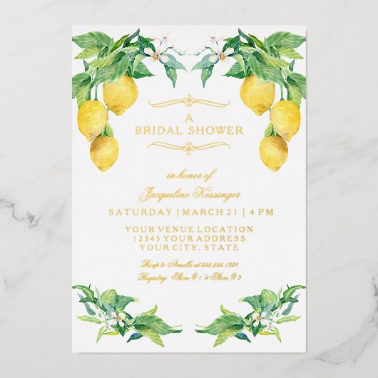 Modern Lemon Elegant Floral Gold Bridal Shower 箔招待状 (正面)