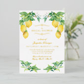 Modern Lemon Elegant Floral Gold Bridal Shower 箔招待状 (立ち正面)