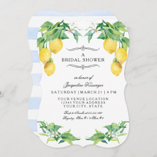 Modern Lemon Floral Elegant Blue Bridal Shower 招待状