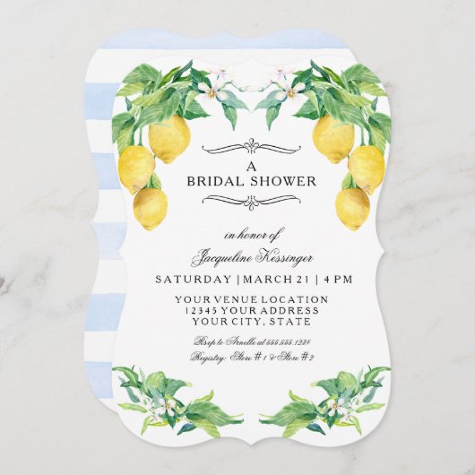 Modern Lemon Floral Elegant Blue Bridal Shower 招待状 (正面/裏面)