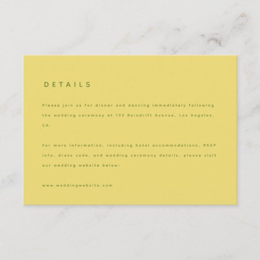 Modern Lemon Yellow Wedding Details & Website エンクロージャーカード (正面)