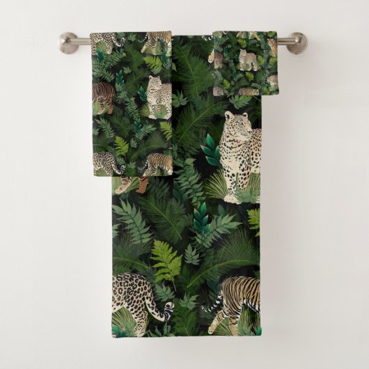Modern Leopards Tigers Jungle Plants Black Design バスタオルセット (インサイチュ)