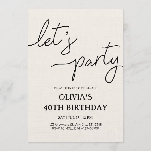 Modern Let’s Party 40th Birthday 招待状 (正面)