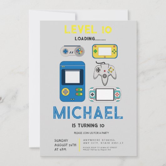 Modern level 10 Video Game Birthday Party  招待状 (正面)