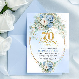 Modern Light Blue Flowers 70th Birthday Invitation 招待状